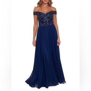 NWT XSCAPE Off the shoulder, beaded chiffon A line gown in NAVY